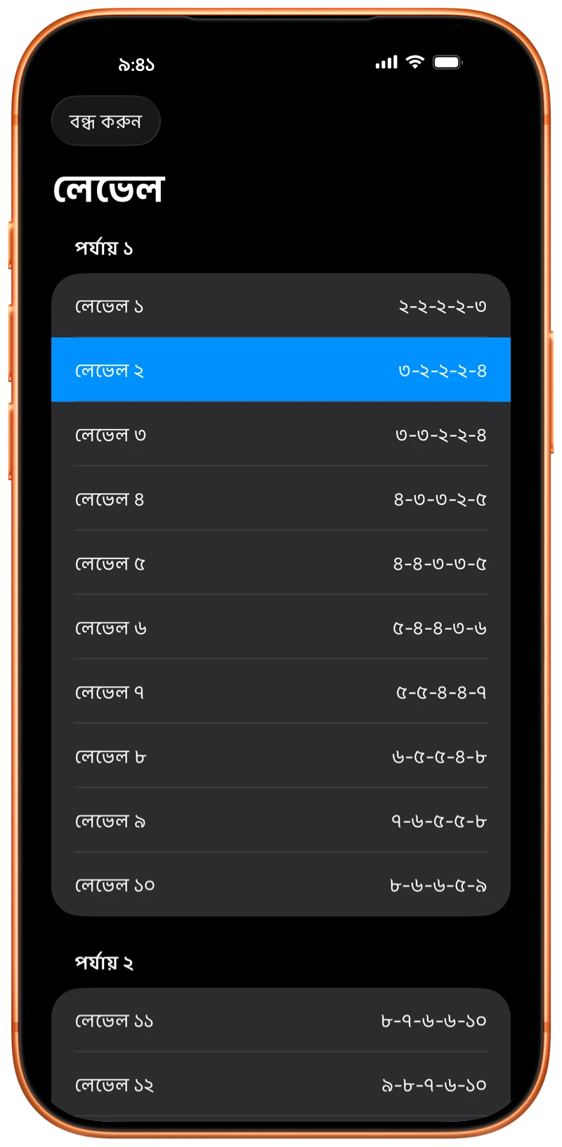 iPhone-এ Pushanova প্রোগ্রামের লেভেল দেখা যাচ্ছে