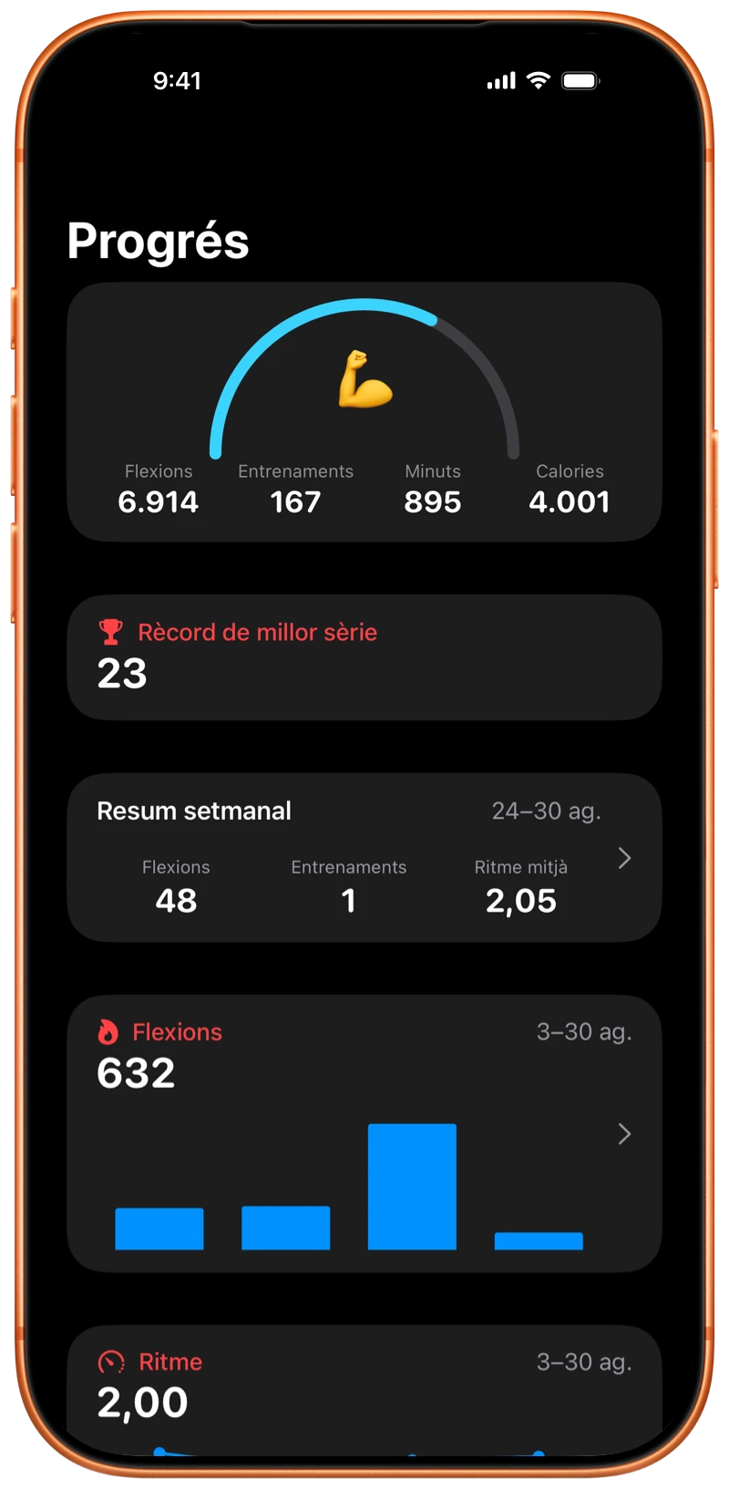 iPhone amb la pàgina de progrés de l'app Pushanova