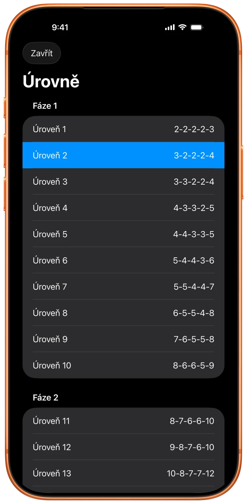 iPhone s úrovněmi programu v aplikaci Pushanova