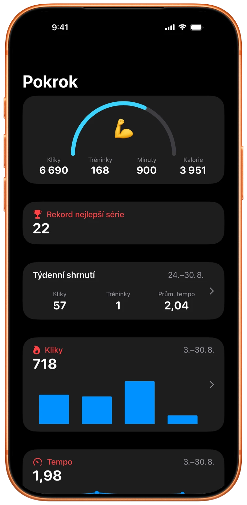 iPhone s obrazovkou Pokrok v aplikaci Pushanova