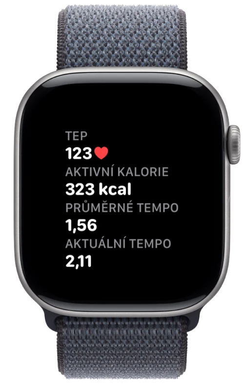 Apple Watch s tepem, kaloriemi a tempem v aplikaci Pushanova