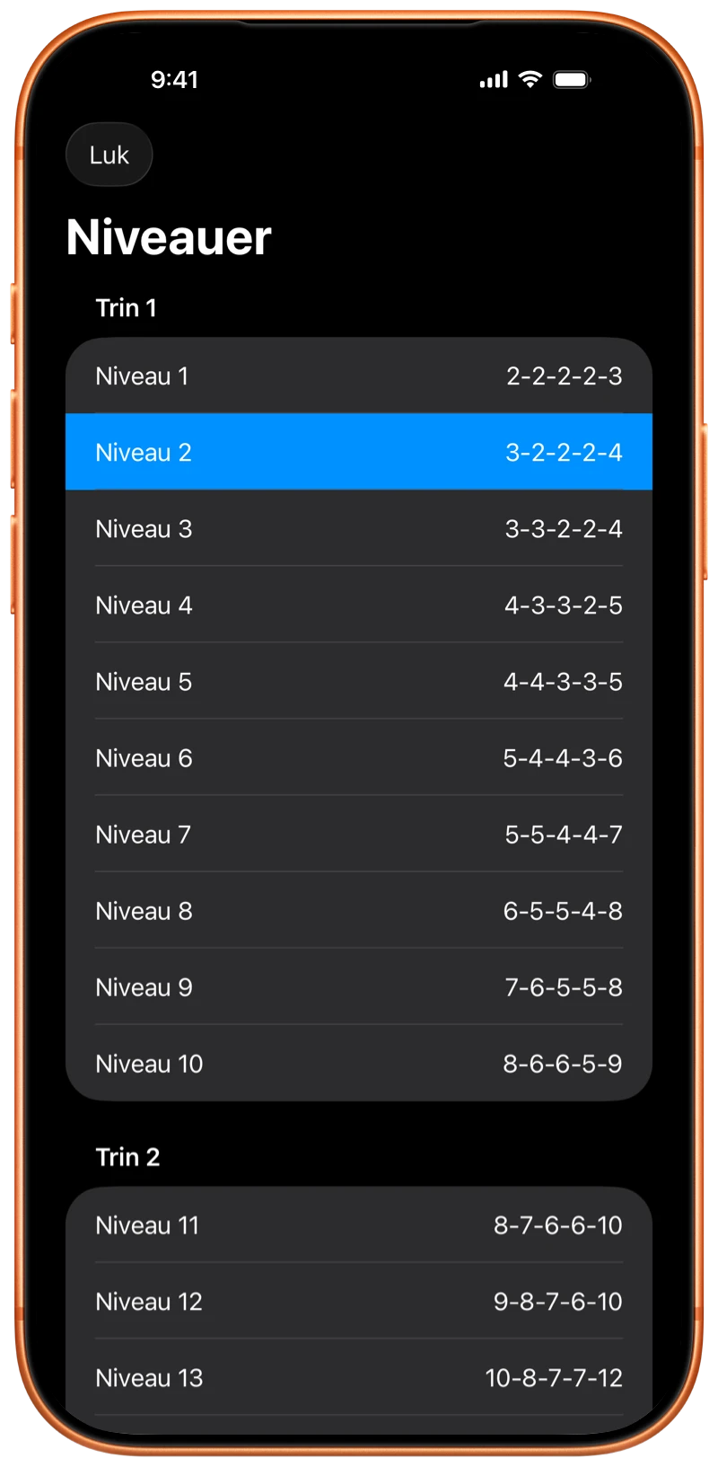 iPhone der viser programniveauerne i Pushanova