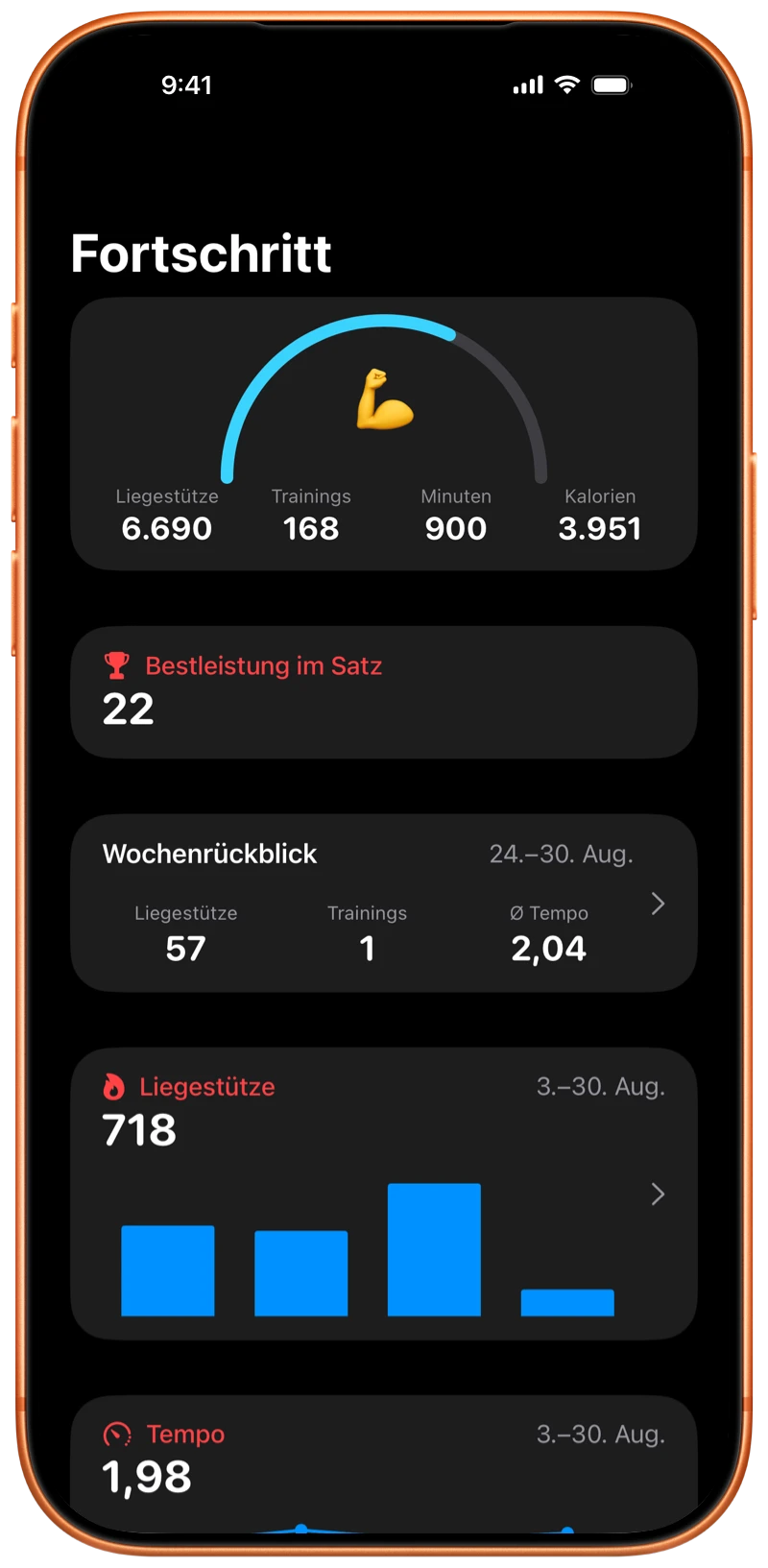 iPhone mit dem Progress-Bildschirm von Pushanova