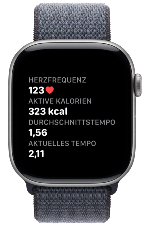 Apple Watch mit Herzfrequenz, Kalorien und Tempo in Pushanova