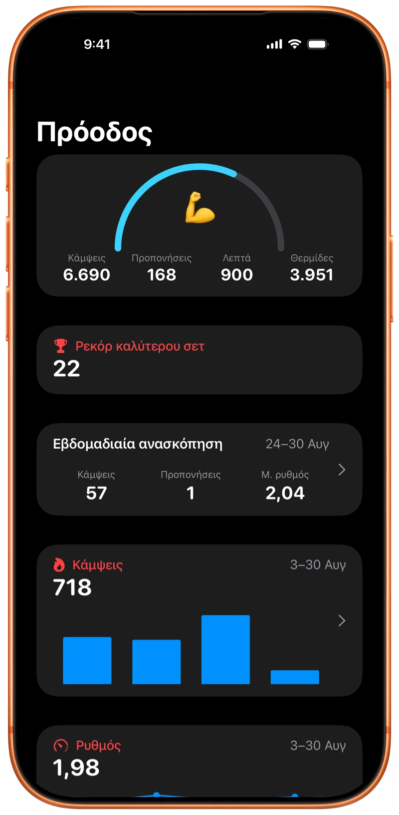 iPhone με την οθόνη Πρόοδος στην εφαρμογή Pushanova