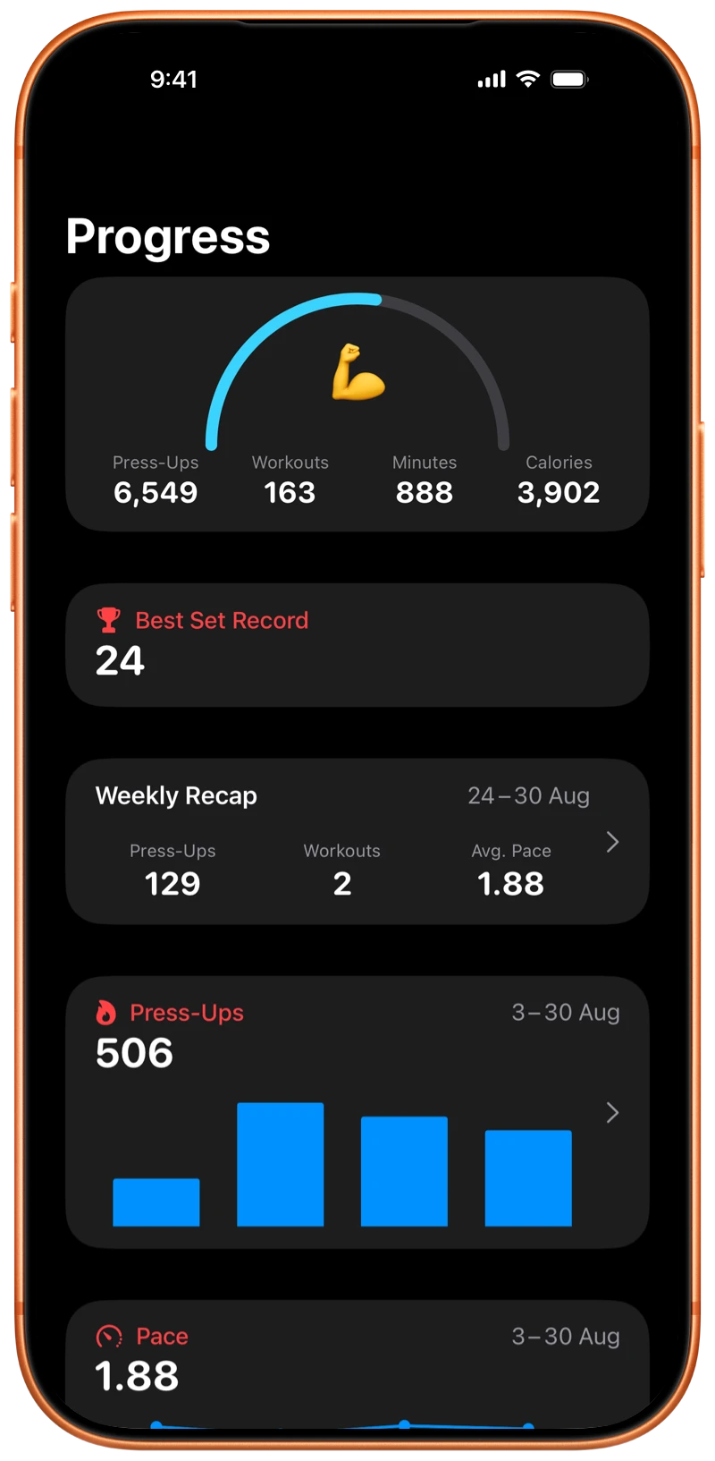iPhone showing the Pushanova Progress screen