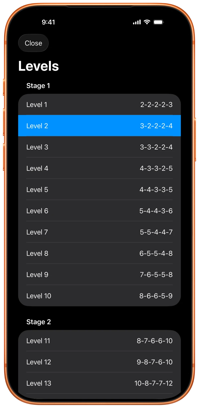 iPhone showing the Pushanova program levels