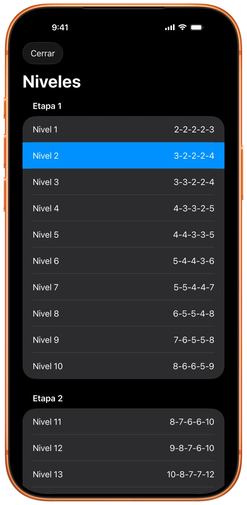 iPhone que muestra los niveles del programa de Pushanova