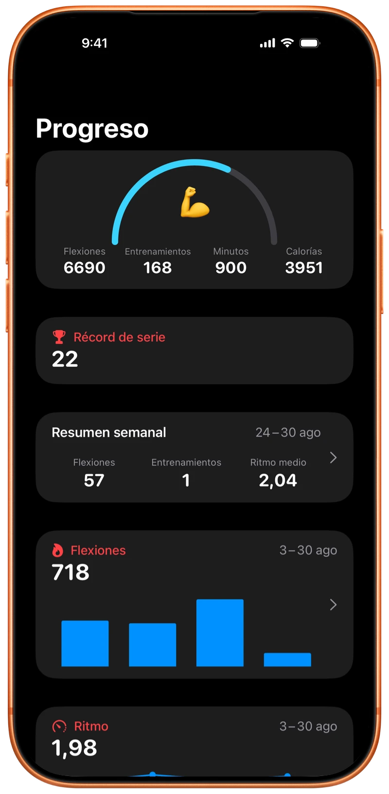 iPhone que muestra la pantalla Progreso de Pushanova