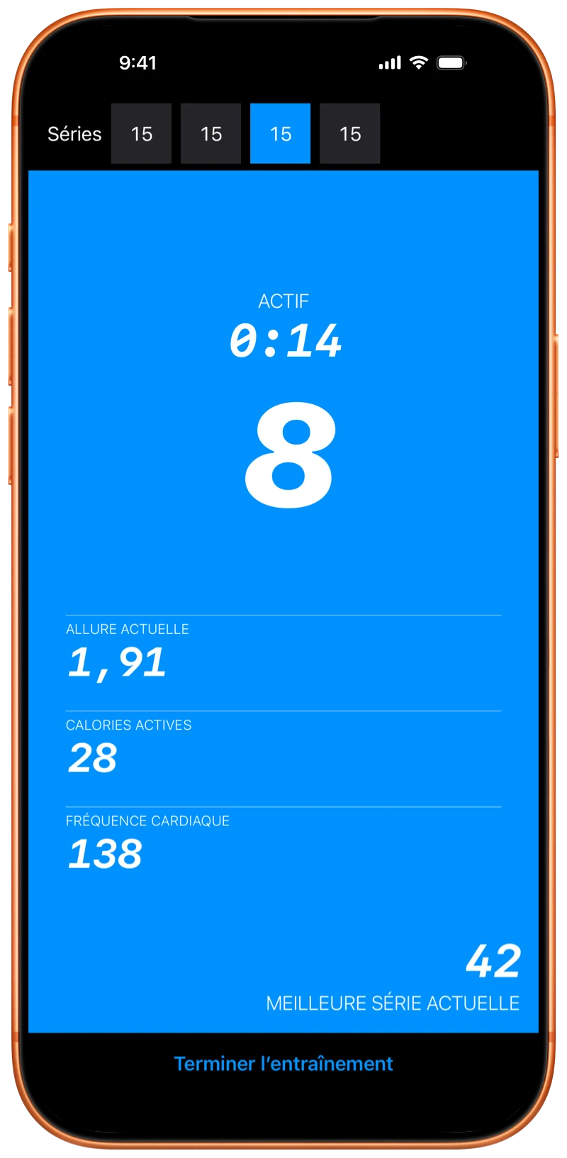 iPhone affichant Pushanova en train de compter les pompes pendant un entraînement