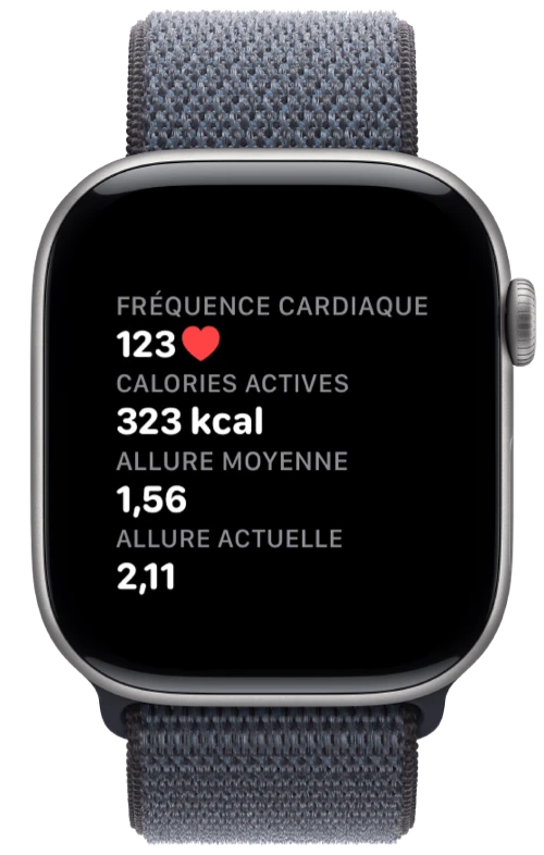 Apple Watch affichant la fréquence cardiaque, les calories et l’allure dans Pushanova