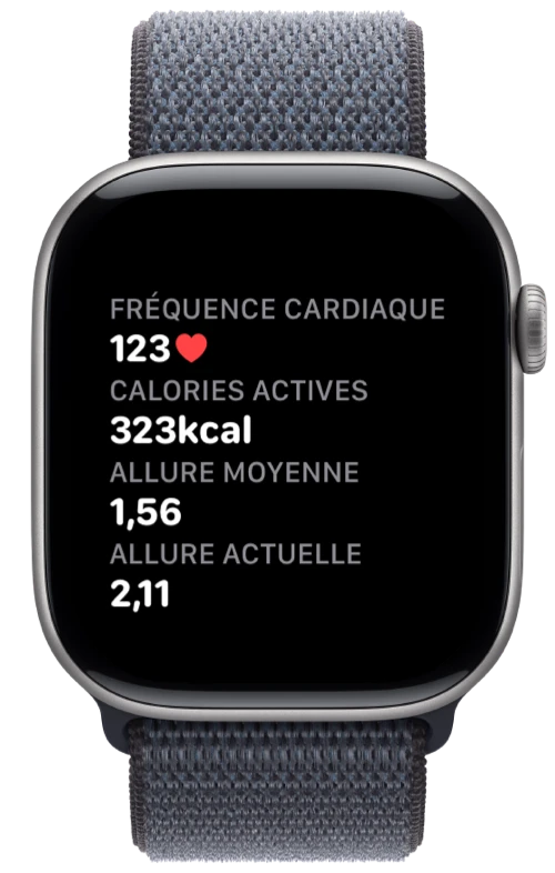 Apple Watch affichant la fréquence cardiaque, les calories et l’allure de Pushanova