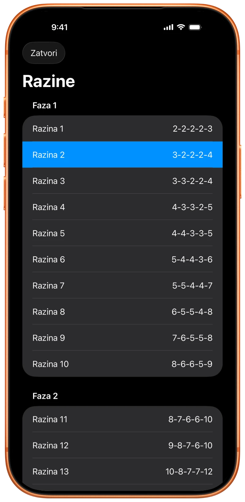 iPhone s razinama programa u aplikaciji Pushanova