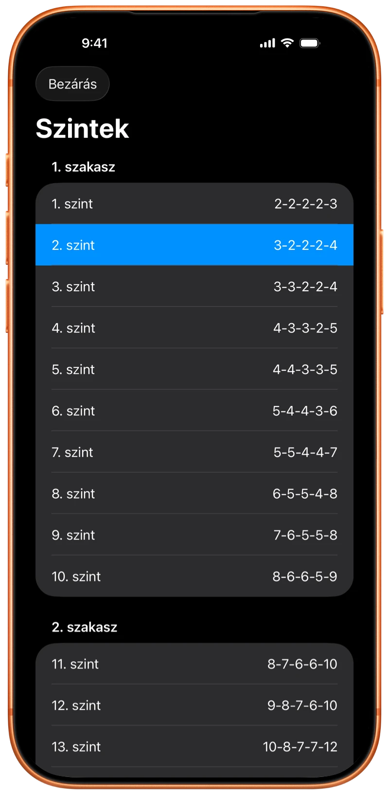 iPhone, amely bemutatja a Pushanova program szintjeit