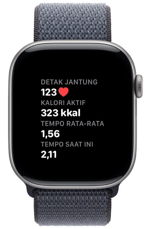 Apple Watch menampilkan detak jantung, kalori, dan tempo di app Pushanova