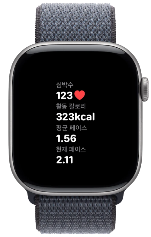 Pushanova의 심박수, 칼로리, 페이스가 보이는 Apple Watch
