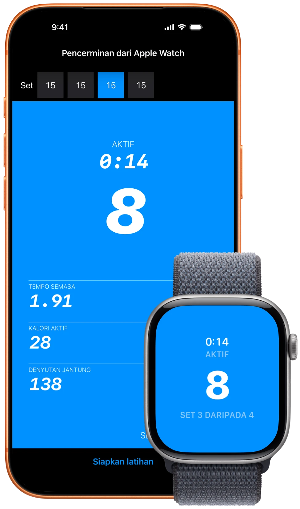 iPhone dan Apple Watch menunjukkan satu latihan Pushanova