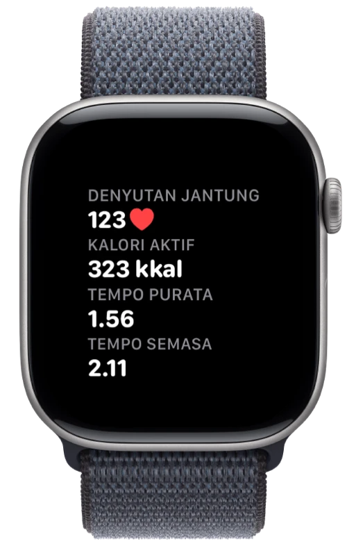 Apple Watch menunjukkan denyutan jantung, kalori dan tempo Pushanova