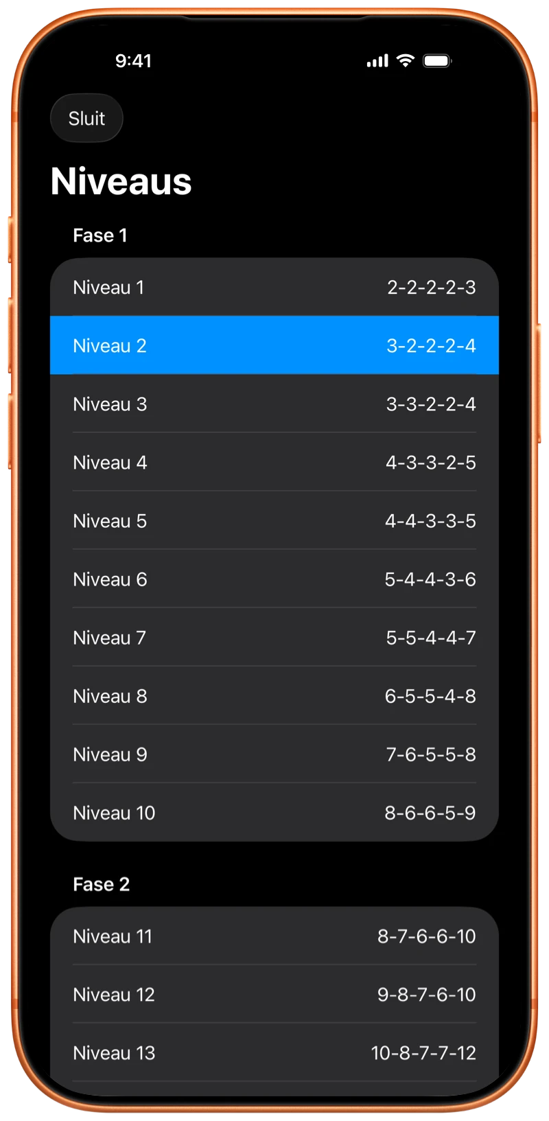 iPhone met de Pushanova programma niveaus