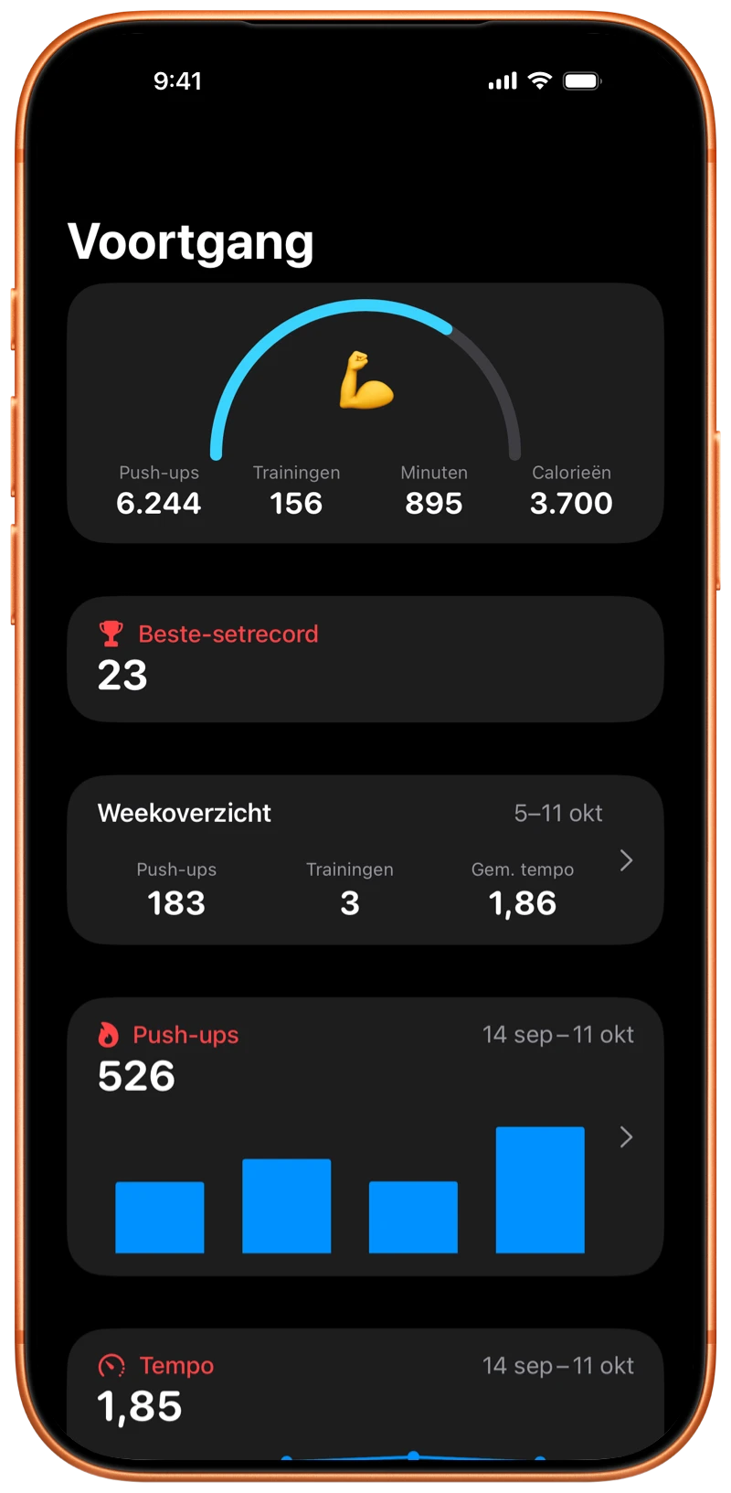 iPhone toont het Pushanova Voortgangsscherm