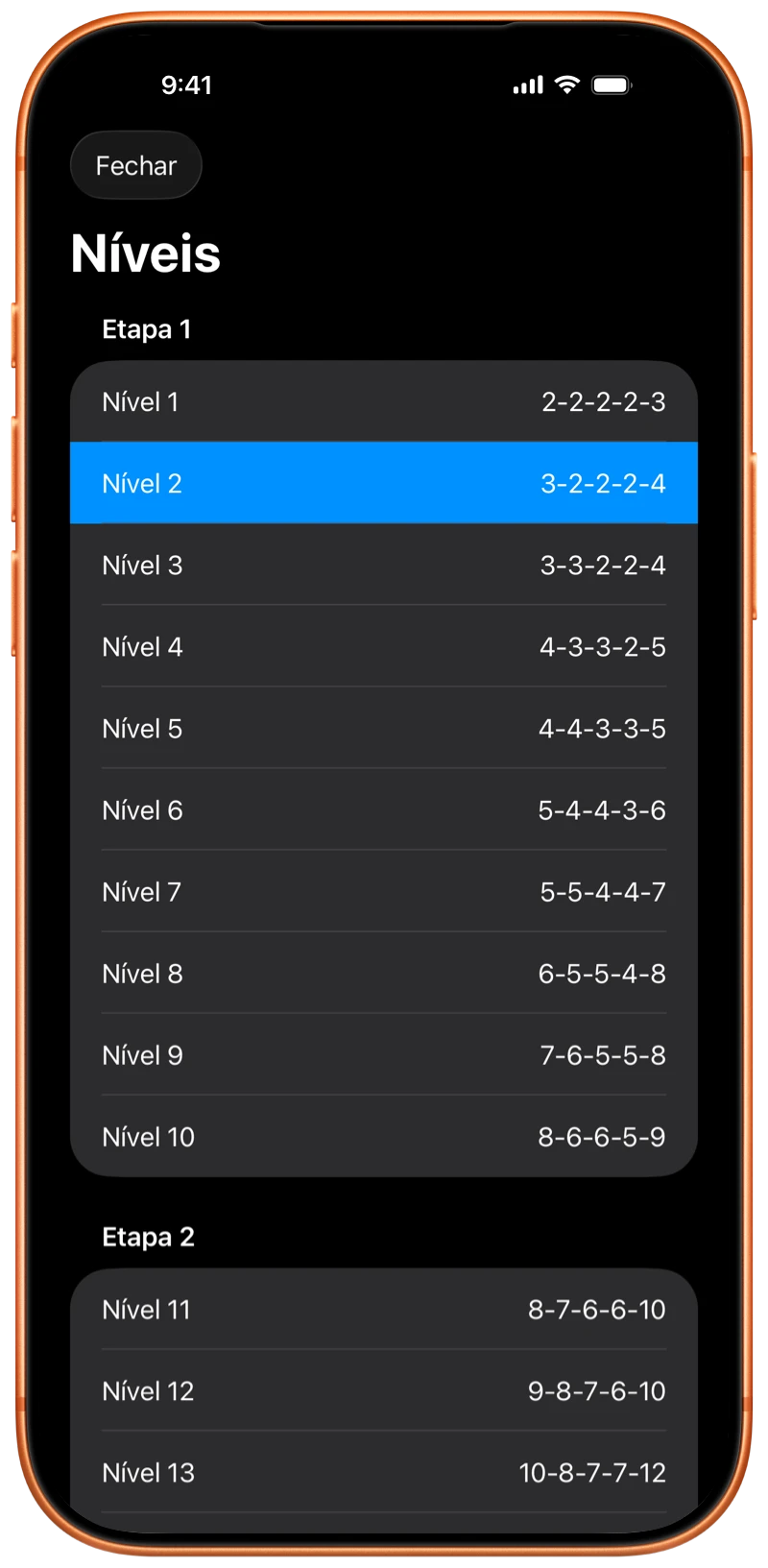 iPhone a mostrar os níveis do programa Pushanova