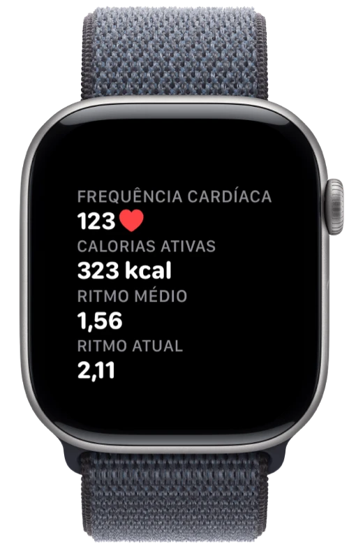 Apple Watch a mostrar a frequência cardíaca, as calorias e o ritmo do Pushanova