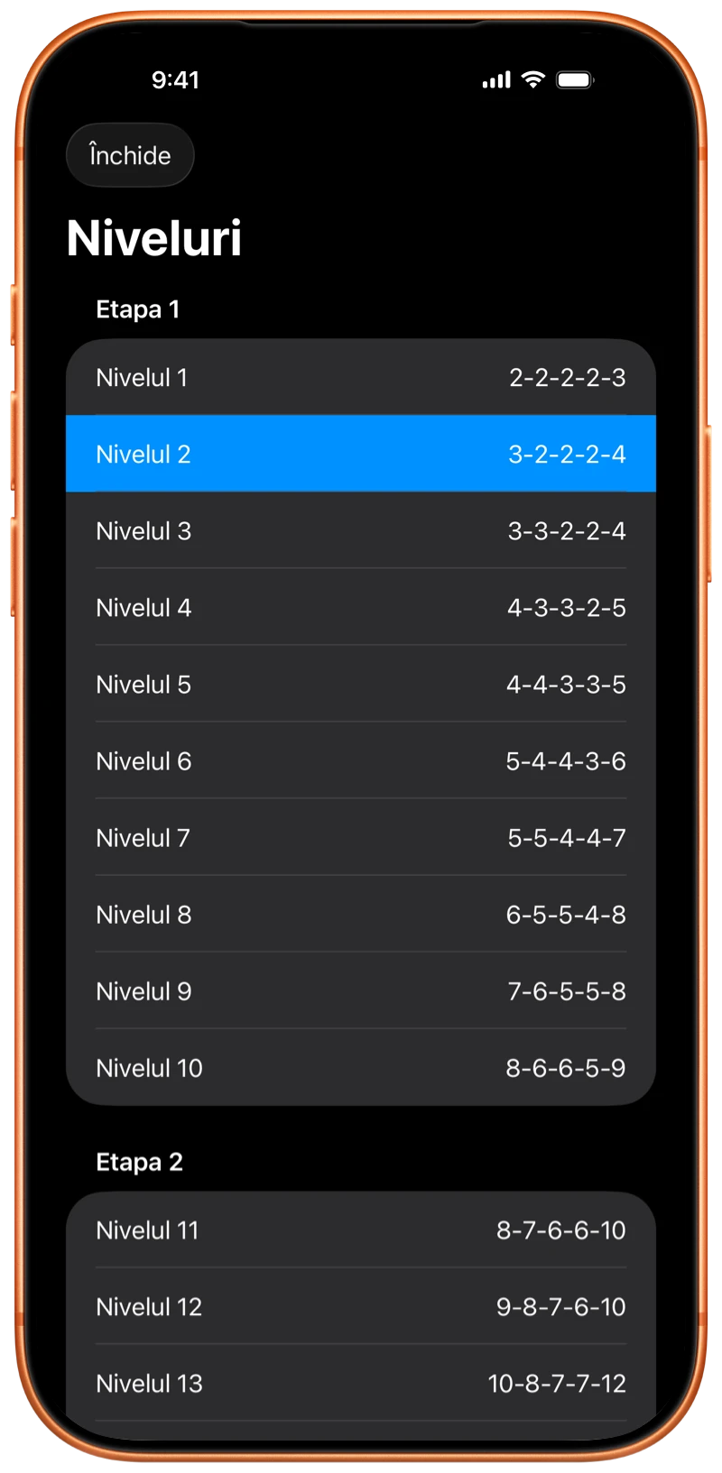 iPhone care afișează nivelurile programului Pushanova