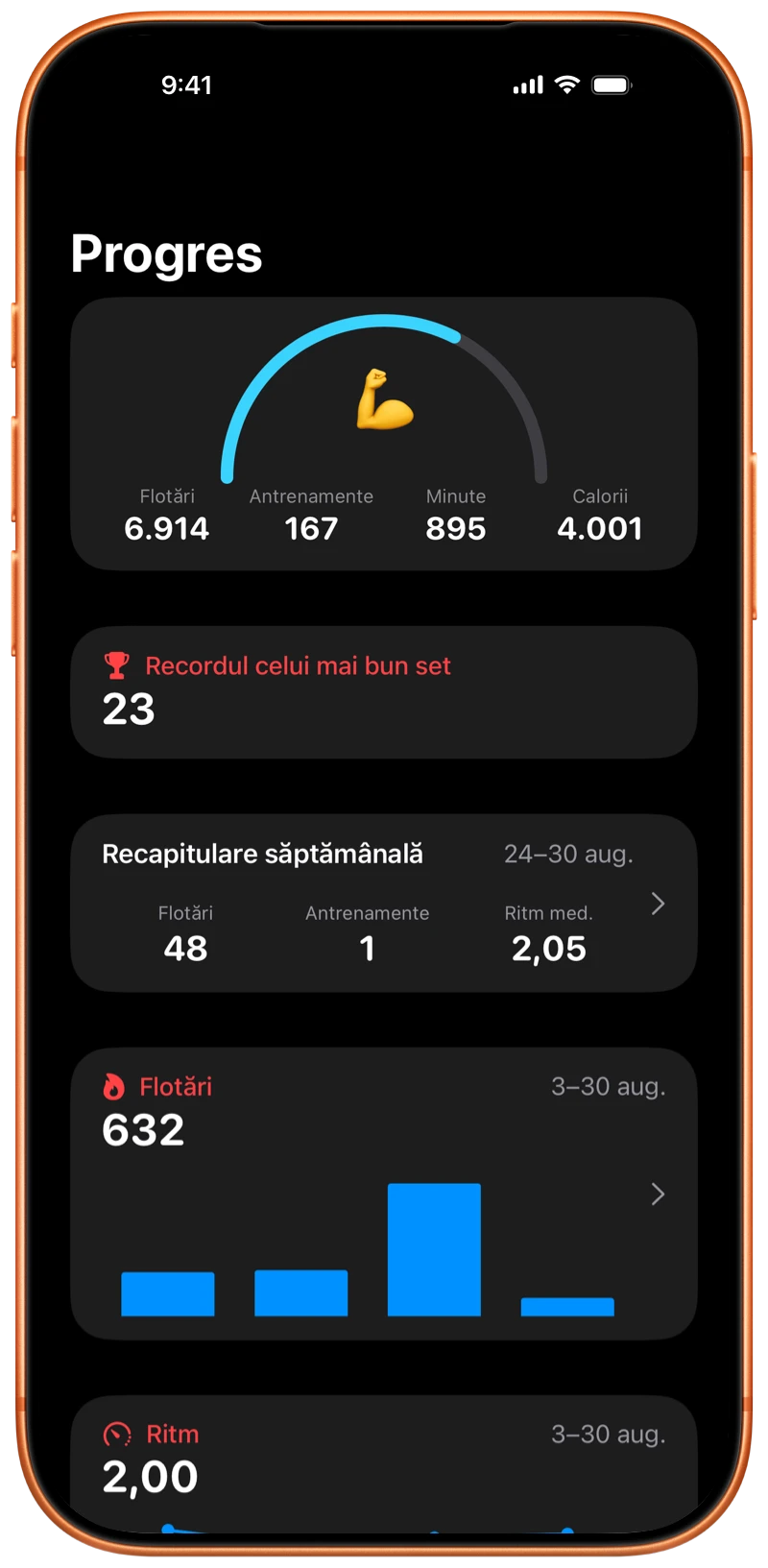 iPhone care afișează ecranul Progres din Pushanova