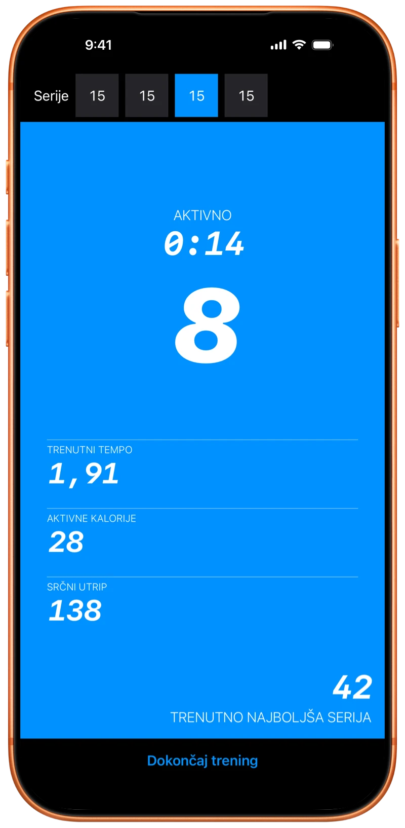 iPhone s štetjem sklec v aplikaciji Pushanova med treningom