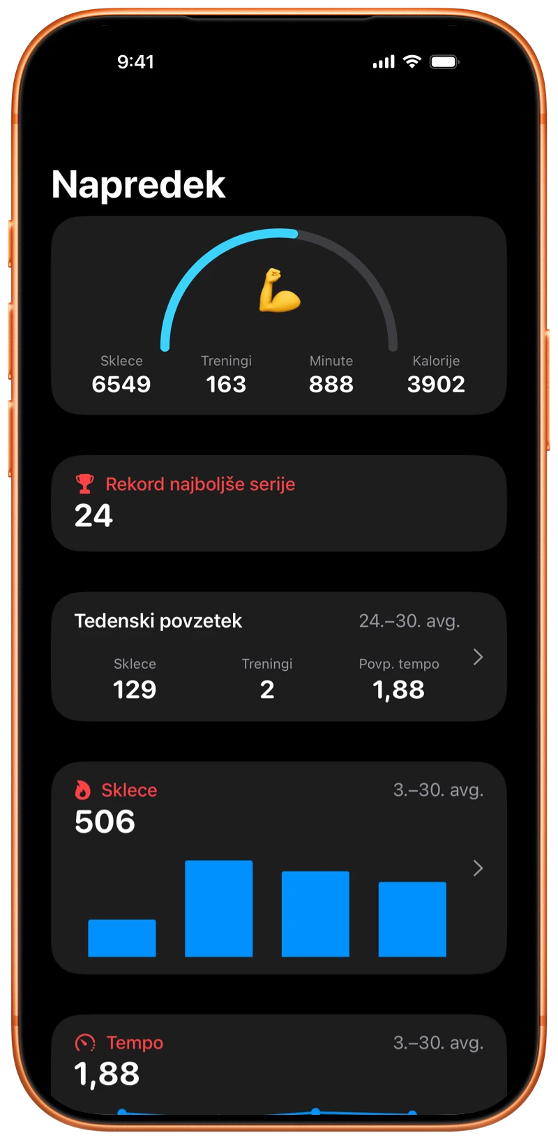 iPhone z zaslonom Napredek v aplikaciji Pushanova