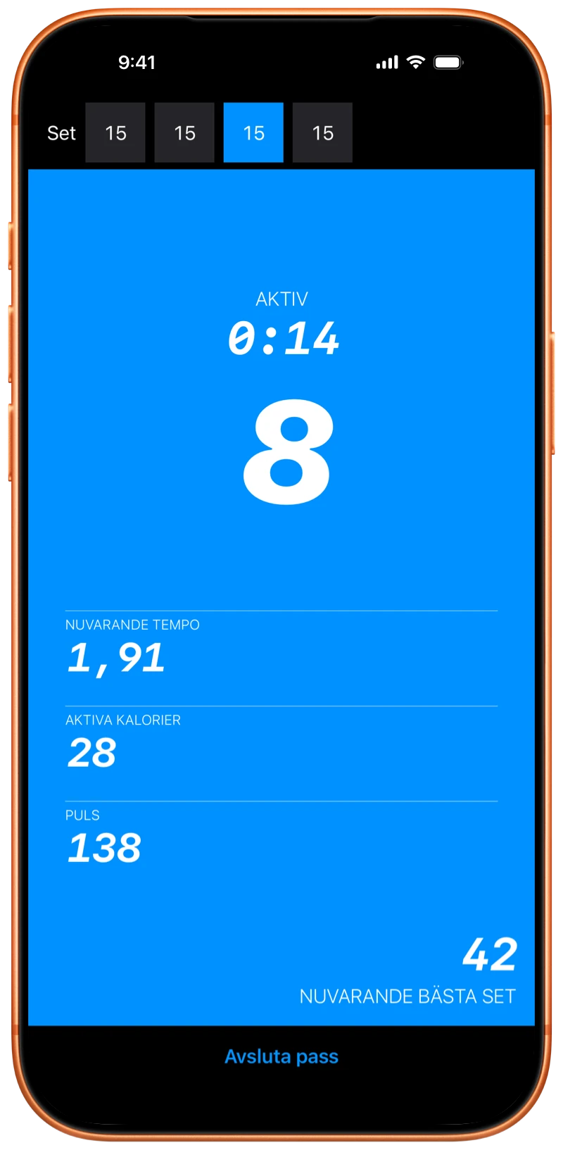 iPhone som visar hur Pushanova räknar armhävningar under ett träningspass