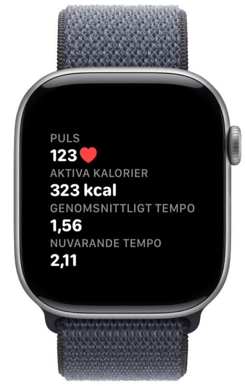 Apple Watch som visar puls, kalorier och tempo i Pushanova