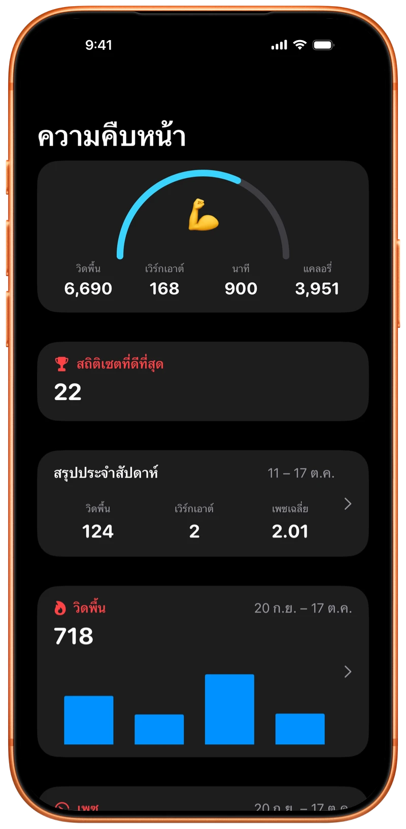 iPhone ที่แสดงหน้าความคืบหน้าในแอป Pushanova