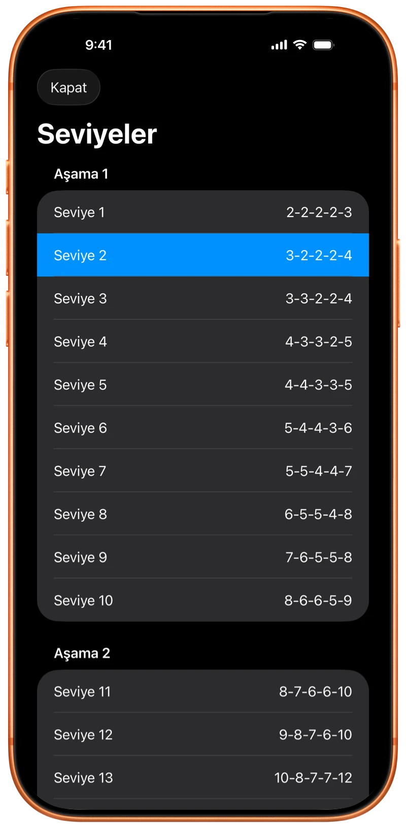 Pushanova program seviyelerini gösteren iPhone