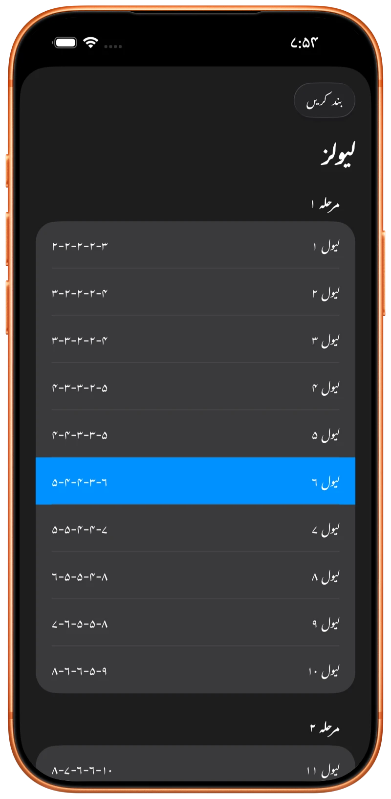 iPhone پر Pushanova پروگرام کے لیول دکھائے گئے ہیں