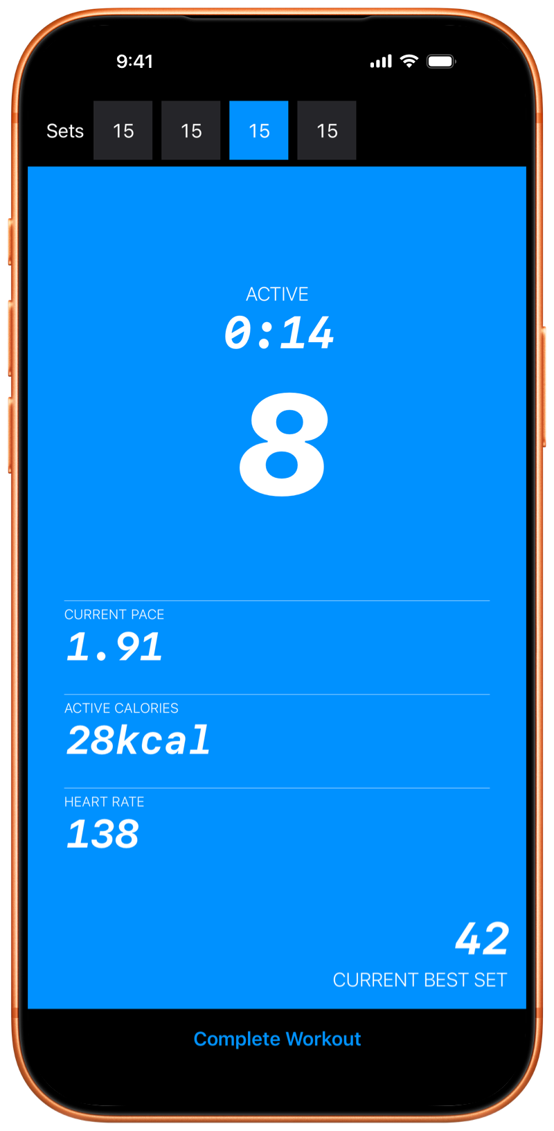 iPhone showing Pushanova counting push-ups during a workout