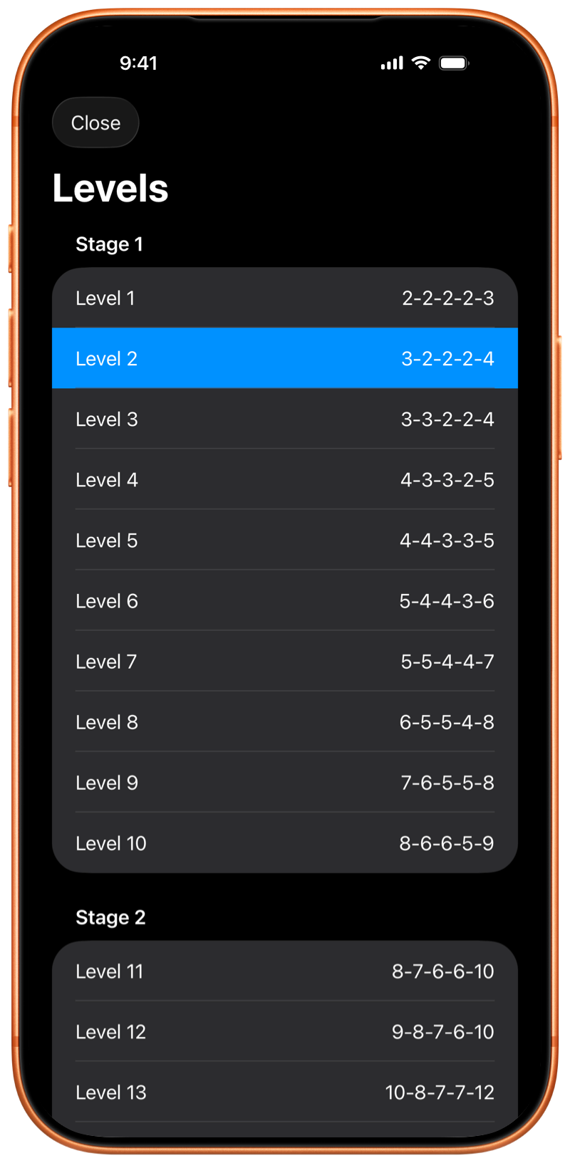iPhone showing the Pushanova program levels