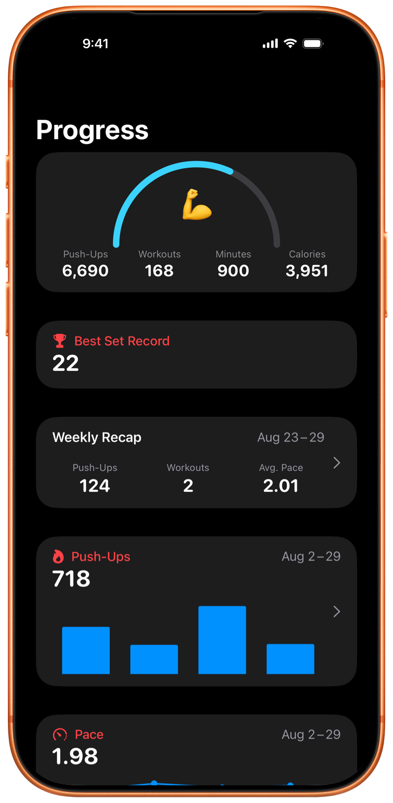 iPhone showing the Pushanova Progress screen
