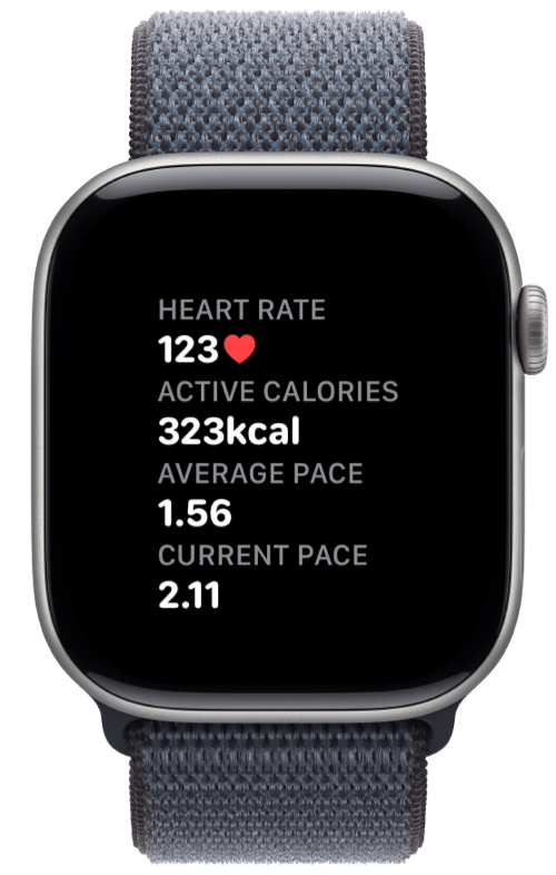 Apple Watch showing Pushanova heart rate, calories, and pace