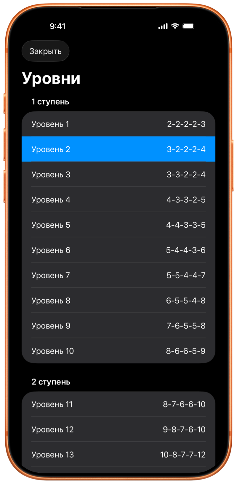 iPhone с открытыми уровнями программы Pushanova