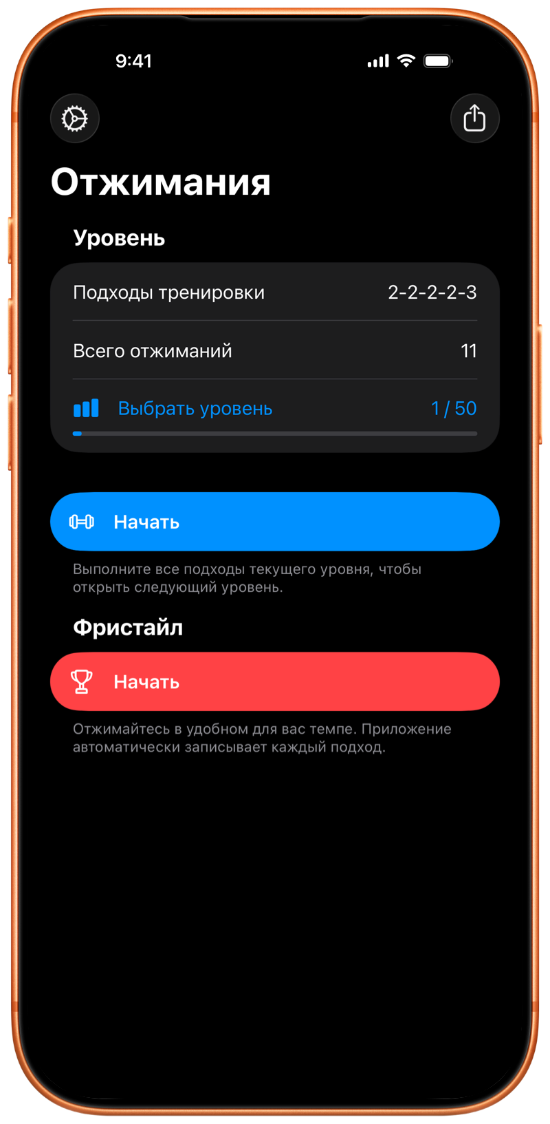 iPhone с экраном начала тренировки Pushanova
